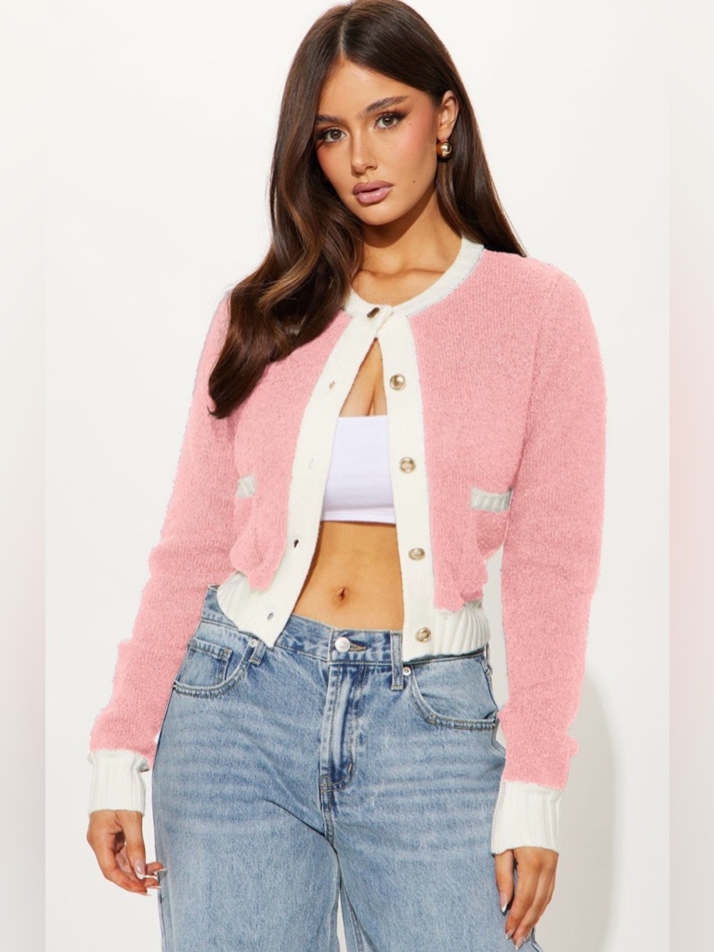 1XL / 2XL Pink Contrast-Trim Cropped Cardigan Sweater